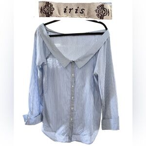 Iris Los Angeles Woman’s Across the Shoulder Blue Pinstripe Blouse Shirt Size L